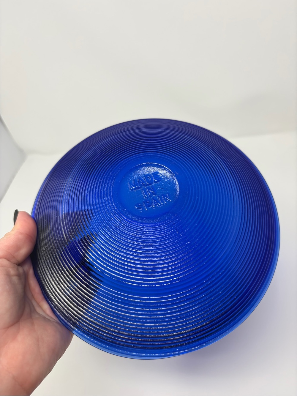 Art Deco Cobalt Blue Ribbed Glass Serving Bowl Made In Spain Vintage 7.5 Center